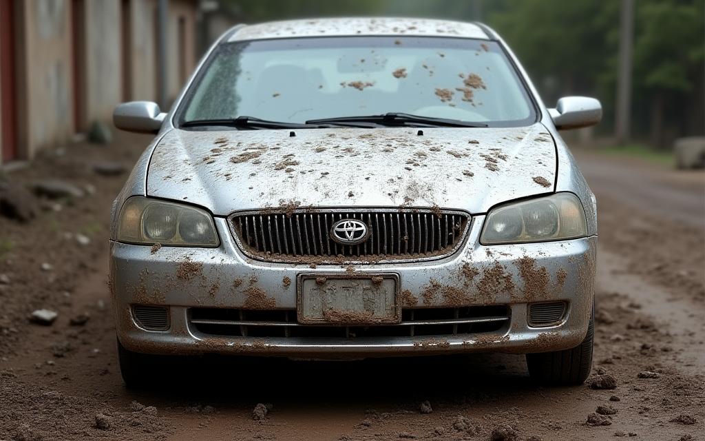 A silver sedan covered in mud and dirt before washing.