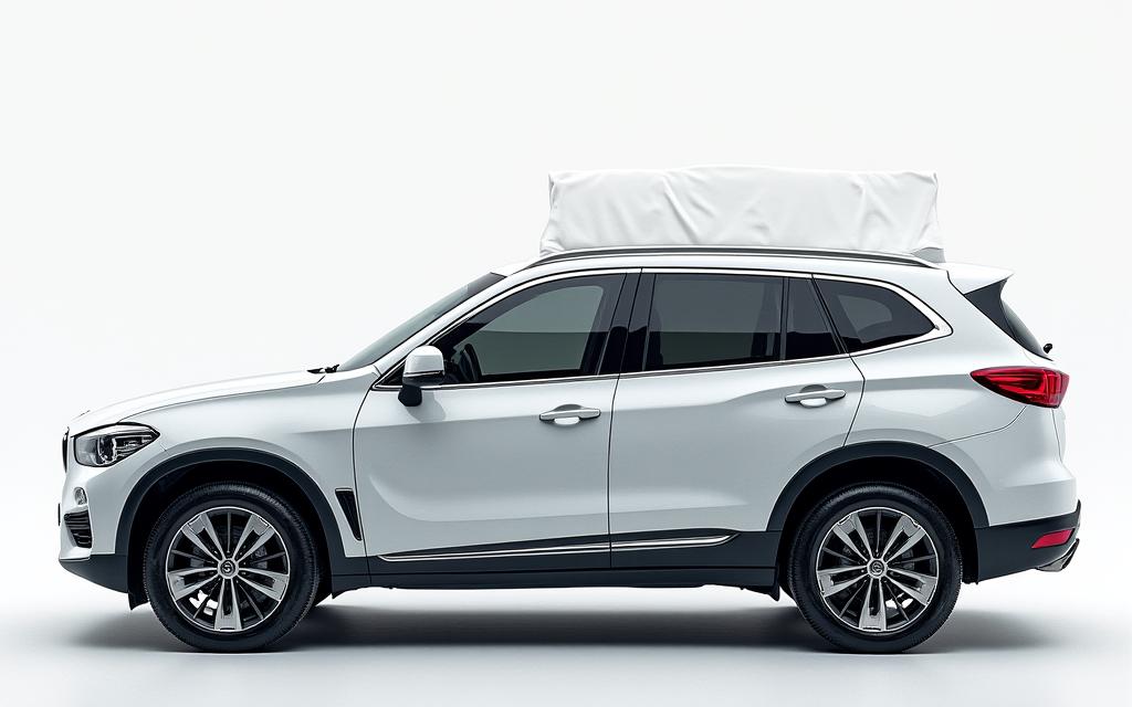 The white SUV looking pristine with gleaming tires.