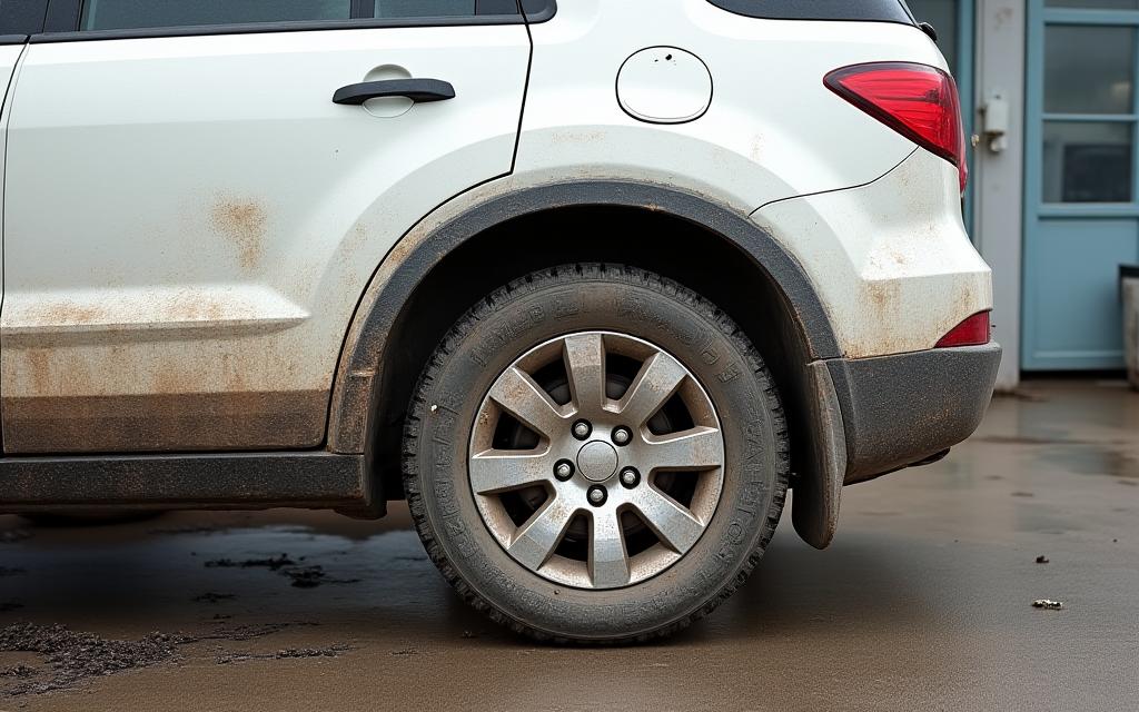 A white SUV with dirty wheels and road grime.