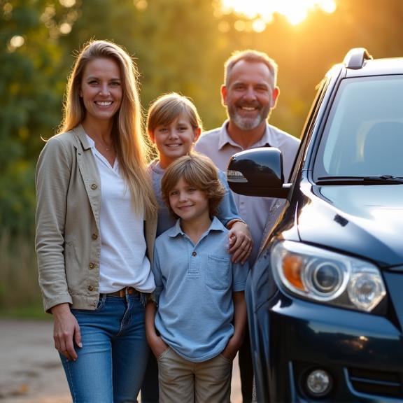 A happy family standing next to their sparkling clean SUV with an Everclean membership sticker.